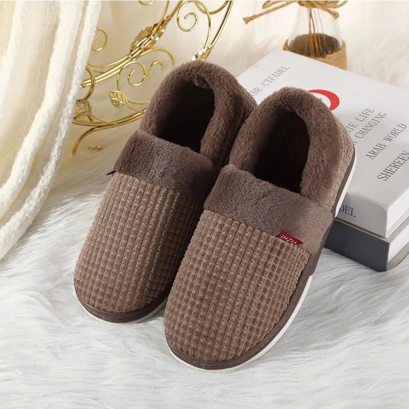 Men Winter Cotton Shoes Unisex Home Slippers Leather Non Slip Slippers Waterproof Plush Warm Indoor Shoes