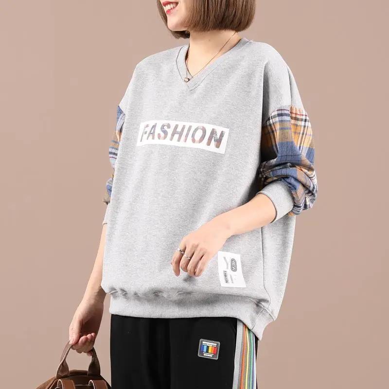 Sweatshirts Women's Spring and Autumn Large Size Loose V-neck Letter Printing Casual Plaid Stitching Long-sleeved Sweater