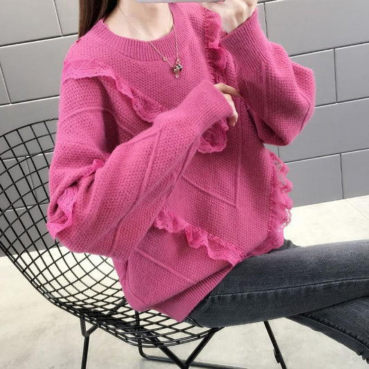 Autumn Winter Women Fashion Sweater Casual Knitting Sweater Lace Stitching Round Neck Pullovers Long Sleeve Sweater