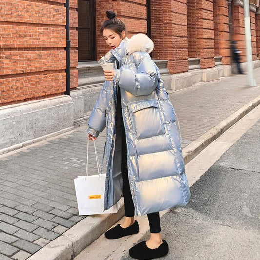 Women's Winter Padded Coat with Fluffy Fur Collar Mid-length Bread Coat Large Size Cotton Coat Thickened Bright Face Down Padded Jacket