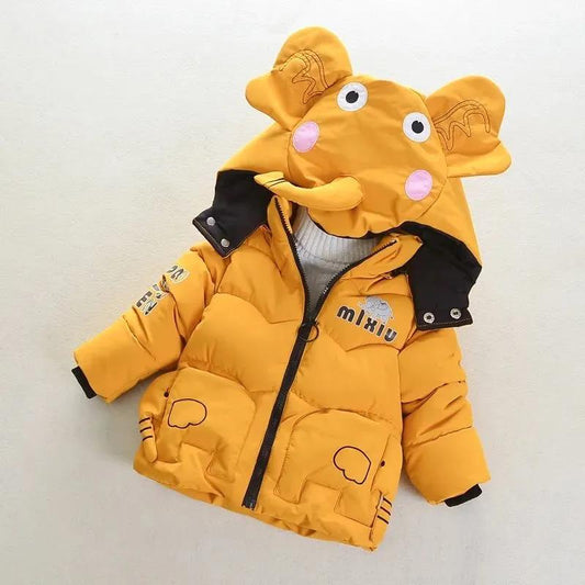 Boy's Cotton-padded Jacket Mid-length Thick Hooded Cotton-padded Jacket Baby Jacket Winter Children's Warm Cotton-padded Jacket Animal-shaped Hat