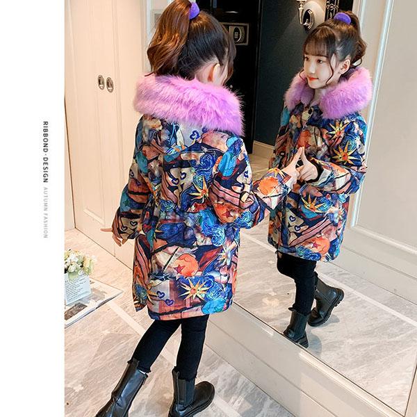 Kids Printed Fur Parkas for Girls Winter Thick Warm Hooded Faux Fur Coat Unisex Parka Jacket with Faux Fur Collar Outwear