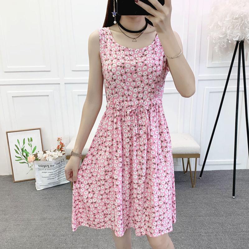 Mid-length Print Women A-line Dress Summer Sleeveless Round Neck Elastic Waist Floral Large Size Skirt