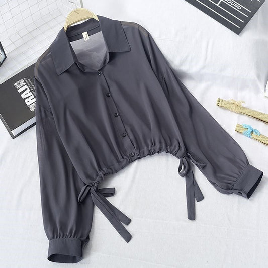 Short Sunscreen Shirt Blouse Rope Waist Strap Loose Wear Summer Thin Top Women's Clothing Female Coat Sun Protection Cardigan