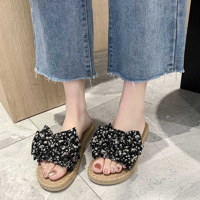 Slippers Women's Summer Bow Slippers All-match Non-slip Flat Bottom Beach Sandals