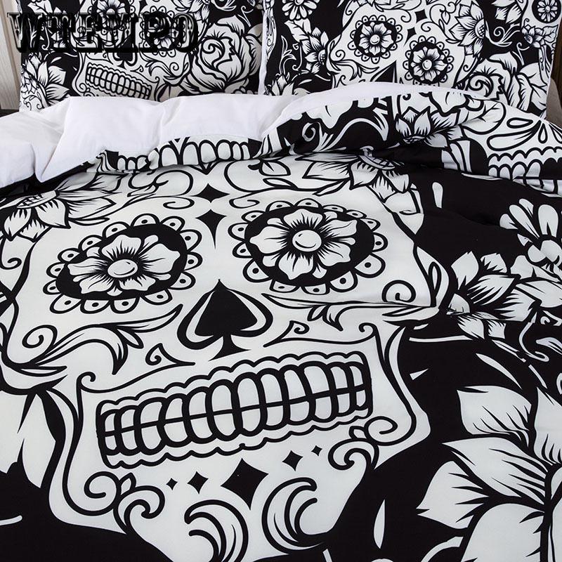 Sugar Skull Cover Set Boys Duvet Bedding Black and White Home Textiles Floral Printed Gothic