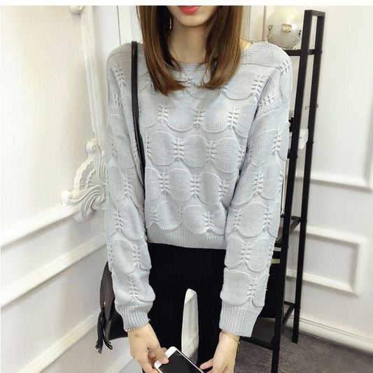 Fashion Long-sleeved Solid Color Sweater Spring and Autumn Women's Round Neck Loose Short Sweater
