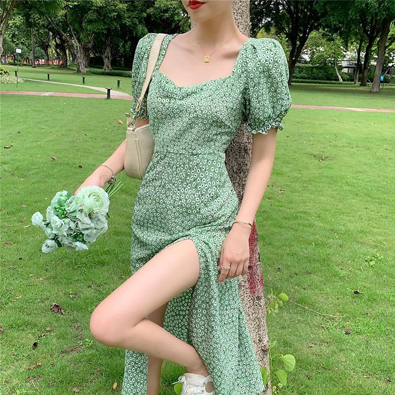 French Square Neck Floral Dress Women's Summer Style Korean Temperament Was Thin Split Puff Sleeve Skirt