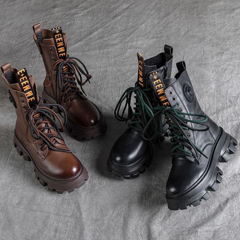 Leather Martin Boots Sponge Cake Thick-soled Round Toe Retro Mid-tube Boots Female British Style Boots Autumn Single Boots