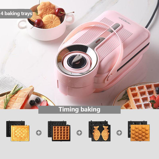 650W Sandwich Breakfast Making Machine Bread Maker Barbecue Machine Kitchen Supplies with 4 Sets of Bakeware