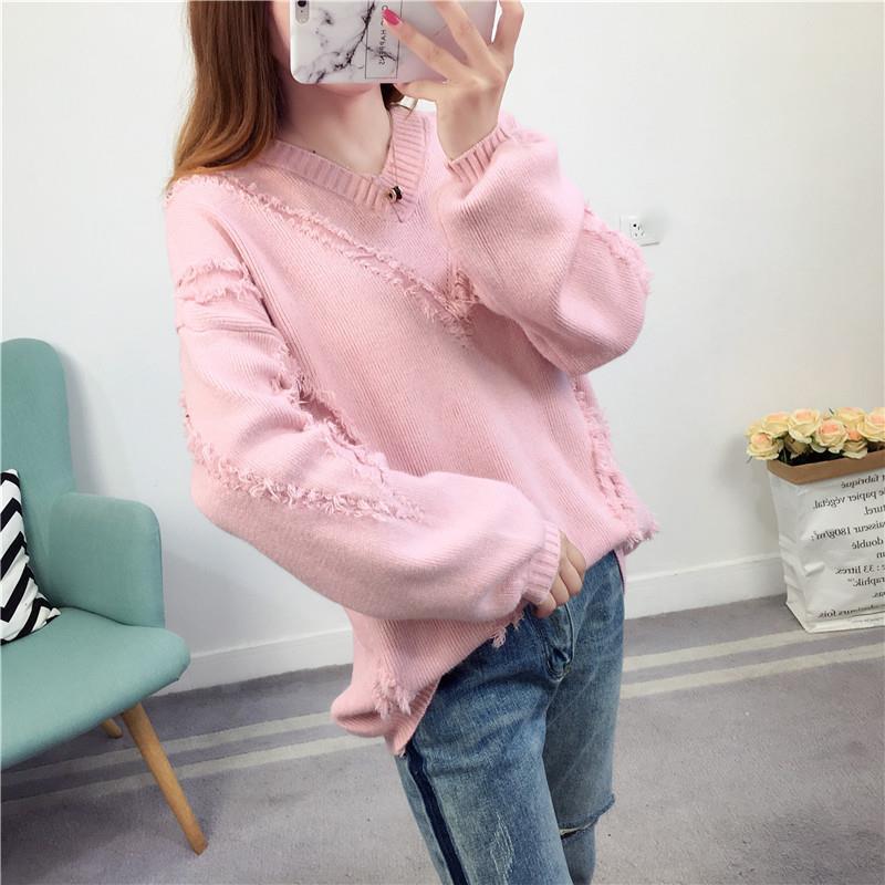 V-neck Bottoming Tattered Sweater Women Fall/winter Loose Knit Sweater Casual Fashion Top