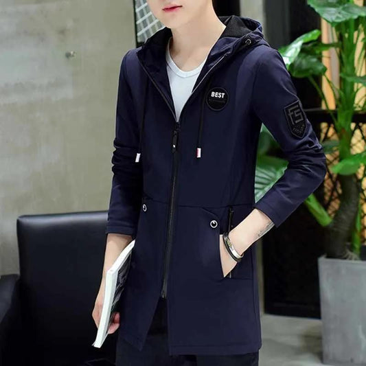 Spring & Fall Hooded Jacket Long Coat Solid Color Trend Parka Casual Slim Windbreaker for Youth Men