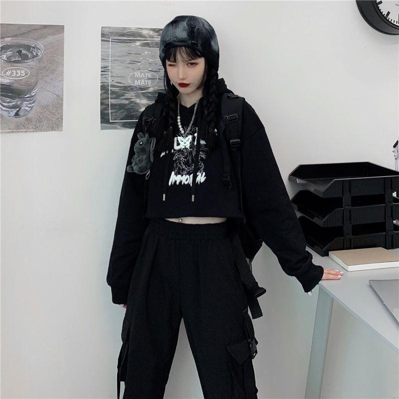 Hoodies Women Cropped Sweatshirt Fashion Printed Hooded Short Hoodies Black Oversized Loose Casual Tracksuit Lady Top Clothes