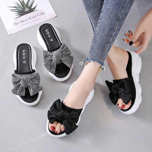 Size 35-40 Summer Women All-match Bow Slippers Outdoor Pearl High Heels Sandals Bohemian Beach Wear-resistant Non-slip Slippers Wedge Platform Sandals