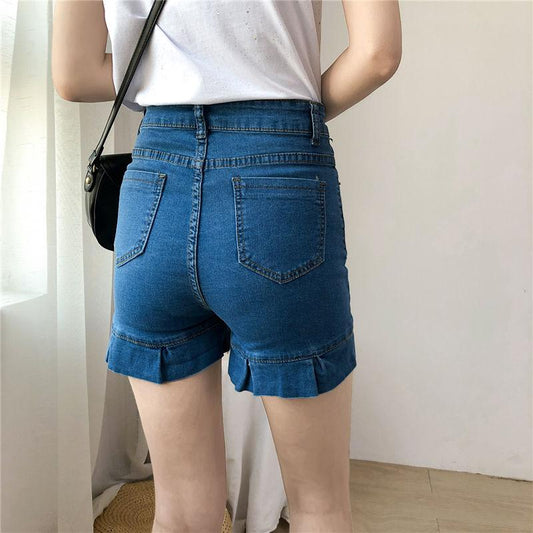 Denim Shorts Women's Summer Korean Style Loose and Thin Student Ruffled All-match High-waist Stretch Pants