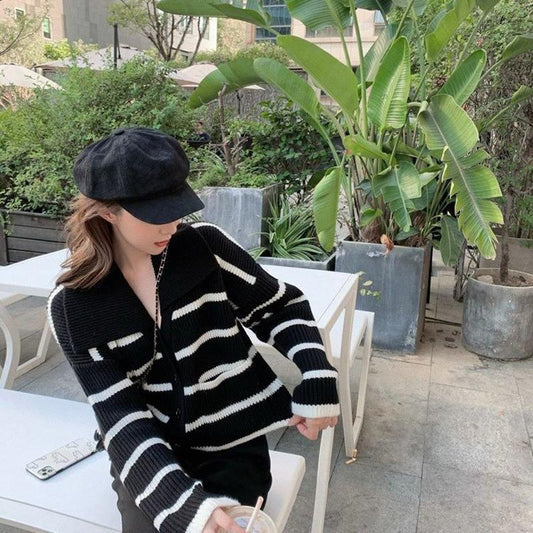 Fall Lapel Collar Contrasting Striped Knit Cardigan Women's Loose Casual Fashion Long Sleeve V-neck Jacket