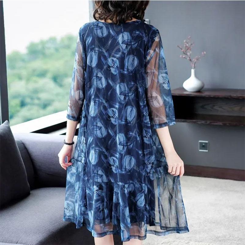 Middle-aged and Elderly Women's Clothing Is Thin and Foreign-style Mother Mesh Dress Printing Plus Fat Plus Size Skirt