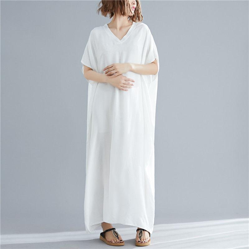 WTEMPO Plus Size Women Dress Summer V-neck Solid Color Long Dress Casual Bohemia Long Robe Full Length