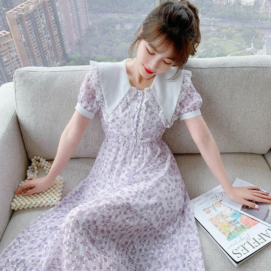 French Small Fresh and Age-reducing Floral Dress Summer Sweet Temperament Waist Waist Chiffon Dress Ladies A-line Skirt Waist Is Thin