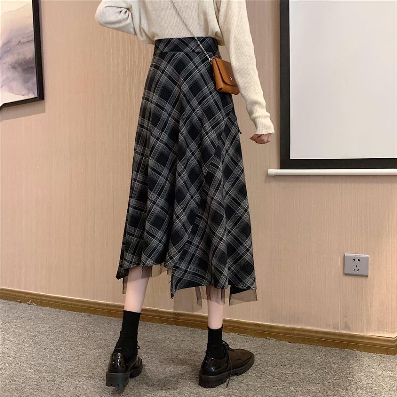 Women Irregular Plaid Skirt Female High Waist A-line Mid-length Skirt Temperament Half Skirt Thin Daily