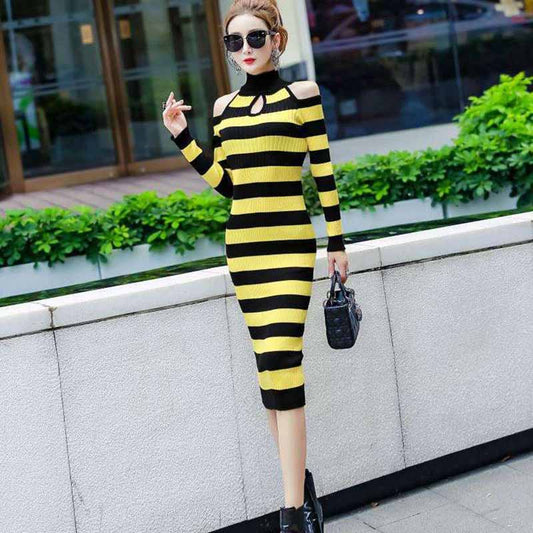 European and American Autumn Winter Sexy Soff-shoulder Turtleneck Sweater Dress Long Slim Striped Knitted Dress Bottoming Pencil Dress
