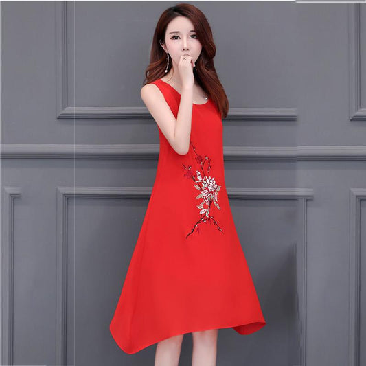 Chiffon XL-XXXXXL Plus Size Summer Chinese Style Dress Knee-length Solid Printed Over-the-knee Vest Skirt