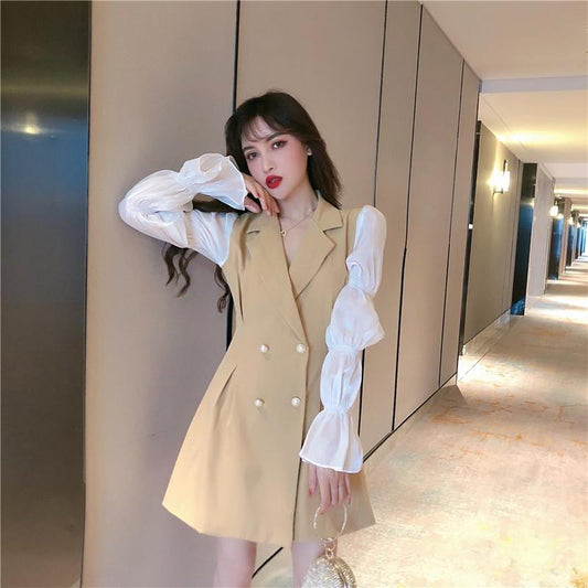 Temperament A-line Dress Spring and Autumn New Suit Skirt Temperament Puff Sleeves Long-sleeved Waist Dress Women's Summer