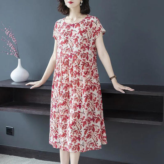 Women's Summer Short Sleeve Mid Length Floral Large Size Dress Slim A-line Skirt
