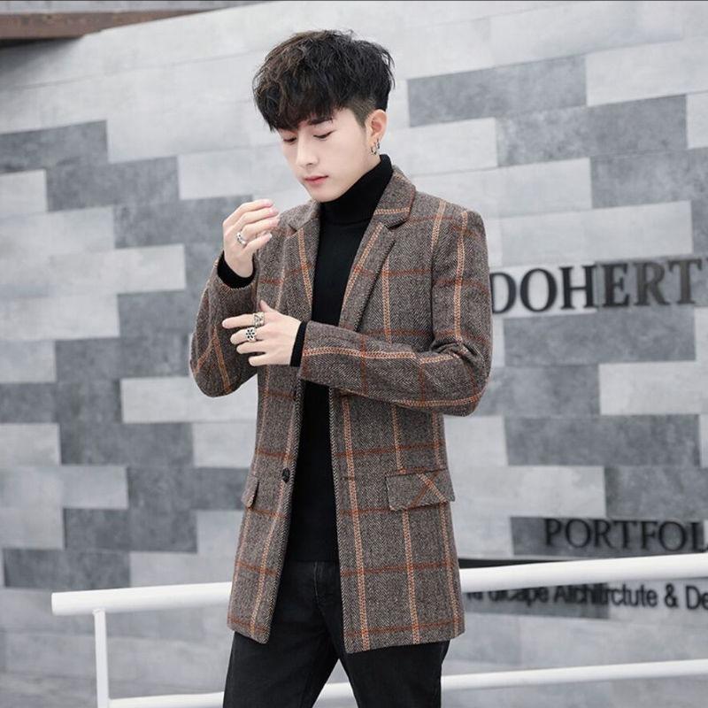 2021 Autumn and Winter Men's Windbreaker Mid-length Plaid Jacket Young and Middle-aged Men's Casual Jacket