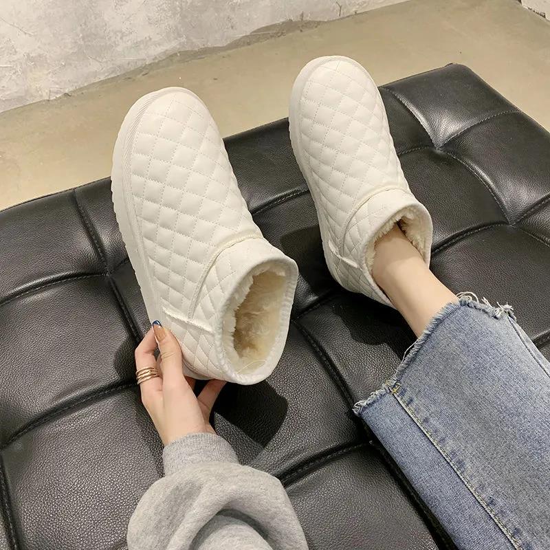 Winter Warm Snow Boots Women Lazy Casual Lozenge Cotton Shoes Solid Color Flat Short Boots
