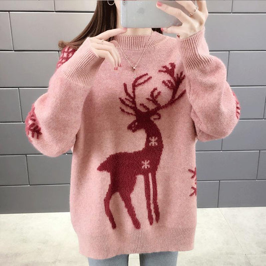 Autumn and Winter Christmas Style Sweater Thick Loose Blouse Half High Collar Female Jacket