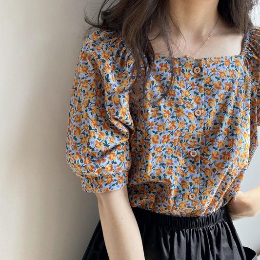 Chiffon Shirt Women's Foreign Style Small Retro Floral Cover Belly Student Top Loose Summer Korean New Short Sleeve