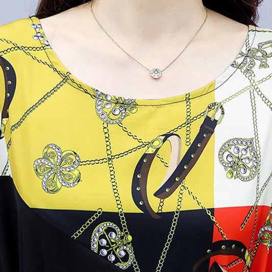 Women's Summer Short Sleeve Dress Slim Print Round Neck Skirt Slit Lace Up