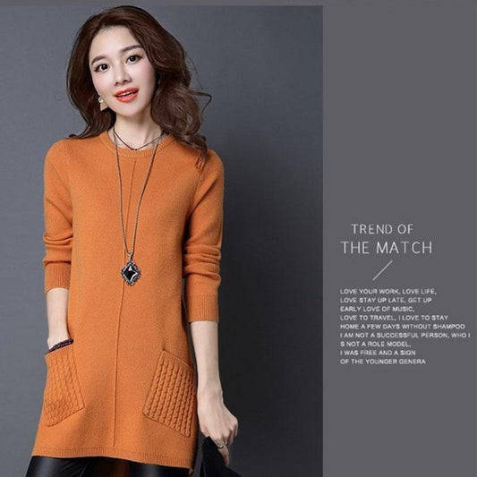 Women's Mid-length Pullover Sweater Loose Simple Irregular Hem Bottoming Sweater Knitted Sweater Dress with Pockets