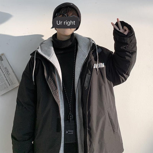 Fake Two-piece Jacket Men's Hooded Korean Version of The Trend Ins Loose Cotton Clothing Hong Kong Style Winter Casual Cotton Clothing