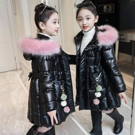 Girls Mid-length Warm Cotton Coat Korean Windproof Cotton Jacket Glossy Wash-free Padded Jacket