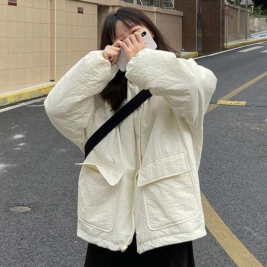 Winter Padded Jacket Women Plus Velvet Thick Loose Student Jacket Solid Color Fake Two-piece Hooded Warm Cotton Coat