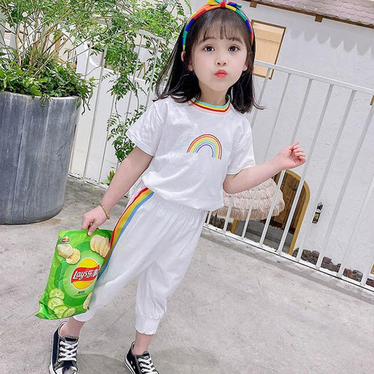 Girls Breathable Pullover Short Sleeve Rainbow Print Top + Loose Sports Pants Summer Cool and Leisure Two-piece Children's Comfortable Clothes