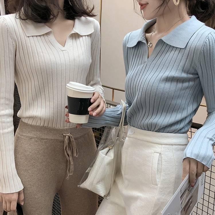 Pofulove Autumn Winter Gentle Sweater Women's Long-sleeved Inside Outer Wear Slim V-neck Sweater