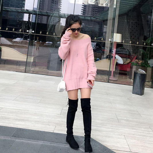 Women sexy Off-shoulder Sweaters Autumn Winter Mid-length Loose Knitted pullover Sweater Dress