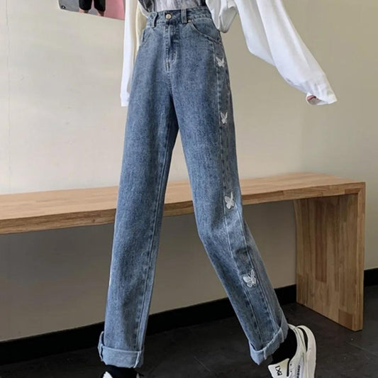 Jeans Butterfly Embroidered Straight Pants Loose 2022 Wide Leg Pants High Waist Thin Versatile Trendy Ins