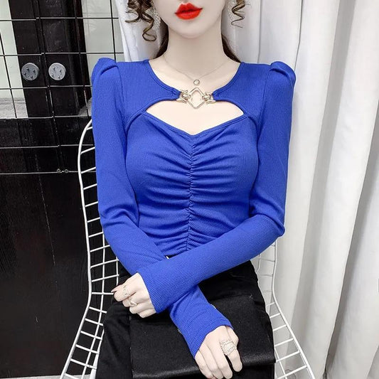 Women's Spring and Autumn Solid Color T-shirt Slim Long Sleeve Top