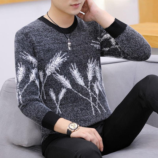 Autumn and Winter Men's Low-neck Sweater Fashion Padded Sweater Wheat Ear Pattern Long-sleeved Top