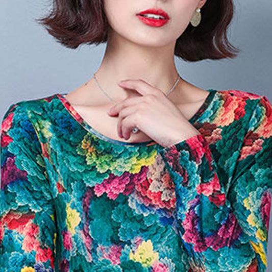 Women's Spring and Autumn Round Neck Long-sleeved T-shirt Printed Loose Top Mother Clothes