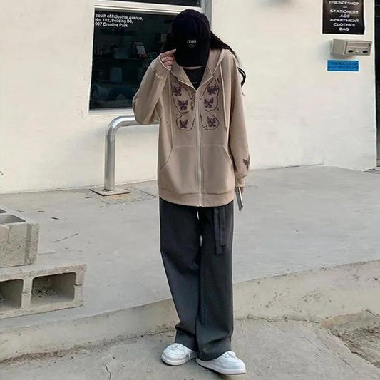 Waffle Chain Cardigan Sweater Women's Spring and Autumn Thin Hooded Jacket Loose Clothes