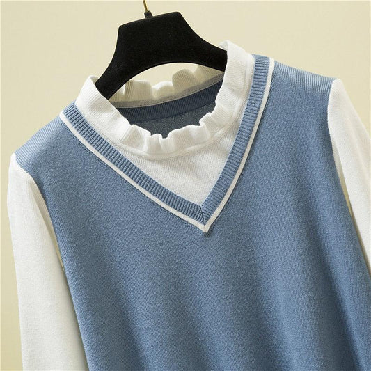 Fall/winter Korean Version of Loose Outer Wear All-match Fake Two-piece Japanese Sweater Sweater Top Women's Bottoming Shirt