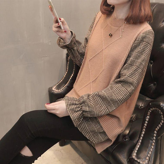 Pofulove Fake Two Sweater Blouse Winter Stitching Loose Lattice Flared Sleeve Pullover Sweater