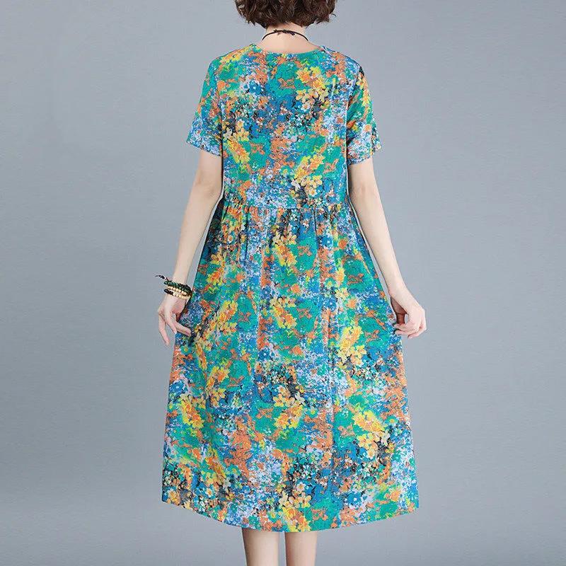 Women's Summer Short Sleeve Mid-Length Dress Floral Round Neck Large Size Loose A-Line Dress