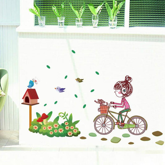 Cartoon girl room decoration wall sticker bicycle girl wall sticker