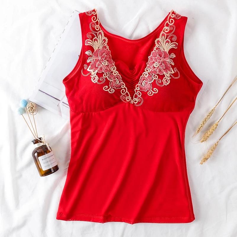 Thermal Vest Women Winter Underwear Floral Tank Tops with Pad Slim Sleeveless Body Top Seamless Sexy Clothing Inner Wear